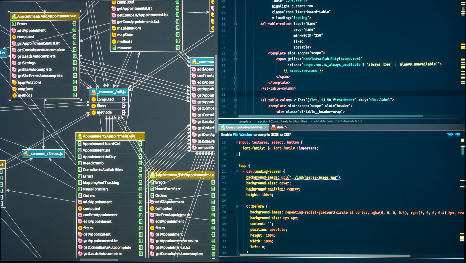 Relational database table for web app. Technology background. Back-end project architecture development. Programmer workflow